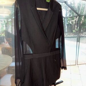Chic Black Sheer Sleeve One Piece Romper Blazer